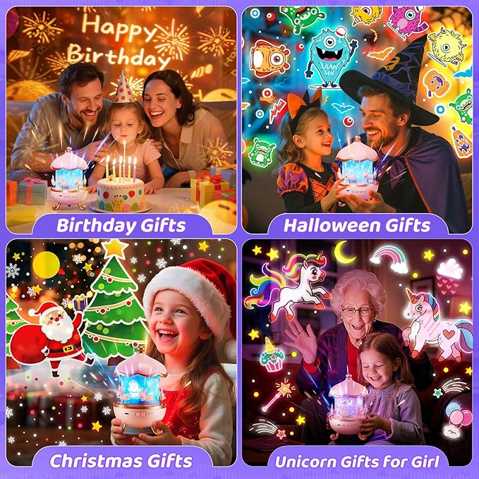 One Fire Princess Gifts for Girls Toys, 15 Music+15 Films+315 Colors Night Light Projector, 360°+Remote+Cordless Star Projector for Kids, Mermaid Gifts for Girls Room Decor, Pink Baby Toddler Toys