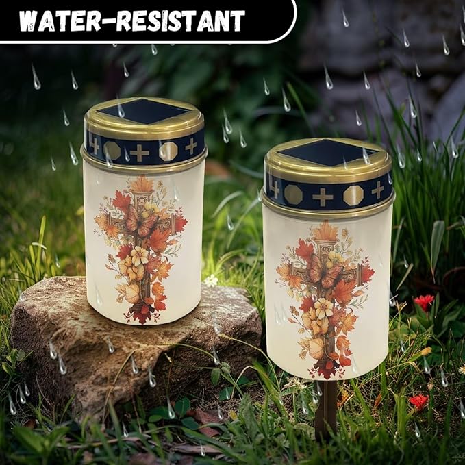 Cross and Flroal Prayer Cemetery Solar Lights for Grave Cemetery Decor Candle Lamp Solar Powered Landscape Lights for Grave