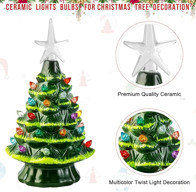 180Pcs Ceramic Christmas Tree Replacement Lights, Multicolor Ceramic Tree Twist Light Ornaments(180 Bulbs+2 Topper Star)