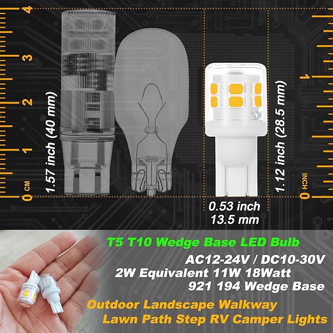 Low Voltage T5 T10 LED Bulbs 2 Watt Equivalent 11W 18W Warm White 2700K 300 Lumen AC/DC 12-24V 921 194 Wedge Base LED Bulb for Outdoor Landscape Walkway Lawn Path Step RV Camper Lights, 10 Pack