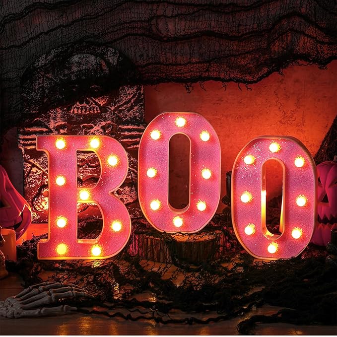 Baquler 3 Pcs Halloween Boo Decorations Light up Boo Sign Marquee LED Letters Lights Decor for Halloween Outdoor Home Room Kitchen Fireplace Tabletop Party Supplies (Pink)