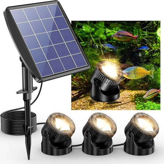 POPOSOAP Solar Pond Lights, 3-in-1 Warm White Underwater Pond Lights, IP68 Waterproof LED Landscape Spotlights for for Pond, Garden, Patio, Fountain, Pool, Waterfall Decoration(3 Head Lamp)-P63H