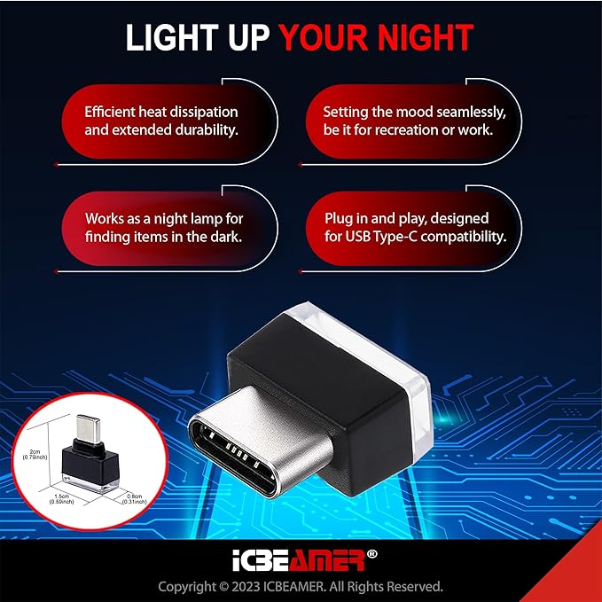 ICBEAMER Type C Adapters Atmosphere Light, [Color: Green] | Universal Plug-in Miniature Night Light | LED USB for Car Interior and Trunk Ambient Illumination
