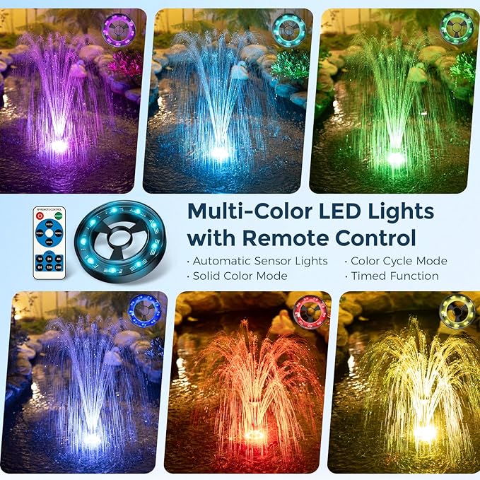 POPOSOAP Floating Fountain With LED Lights, Pond Fountain and Aerator Complete Kit with 660GPH Water Pump 27FT Power Cord, 3 Spray Styles for Ponds, Pool, Water Gardens P130