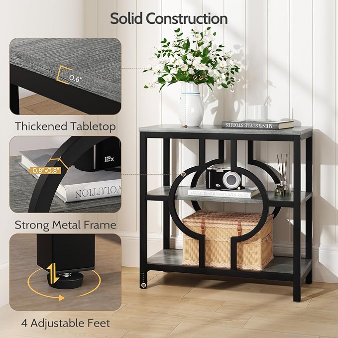 End Table Set of 2, Narrow Side Table with 3-Tier Storage Shelves, Wood Sofa Side Table with Geometric Metal Frame for Living Room, Industrial Bedside Nightstand for Bedroom (Gray)