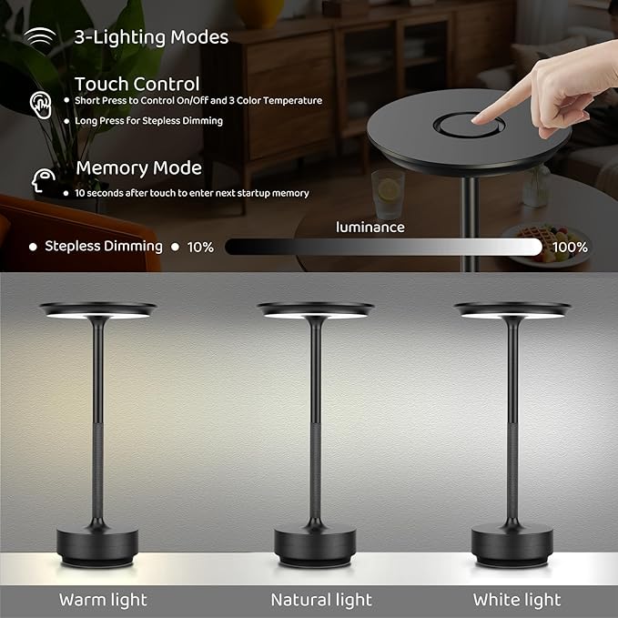 2-Pack Rechargeable Cordless Table Lamps – 5000mAh LED Touch Lamps with 3 Color Modes & Stepless Dimming – Metal Table Lights for Dining, Patio, Bedroom, Camping, Restaurant(Black)
