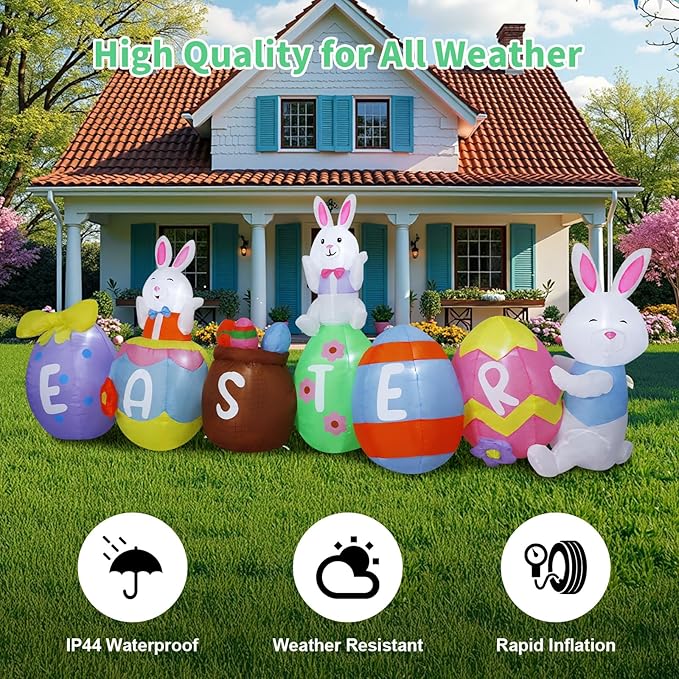 10FT Easter Inflatables Outdoor Decorations, Large Easter Blow Up Bunny & Eggs Built-in 9 Bright LED Lights, Cute Spring Inflatable Decor for Yard Garden Lawn Holiday Party