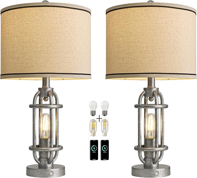 23.75'' Table Lamps Set of 2 for Living Room Bedroom Industrial Farmhouse Metal Touch Lamps with USB A+C Ports, Night Light Vintage Nightstand Bedside Lamp, Bulbs Included, Antique Silver