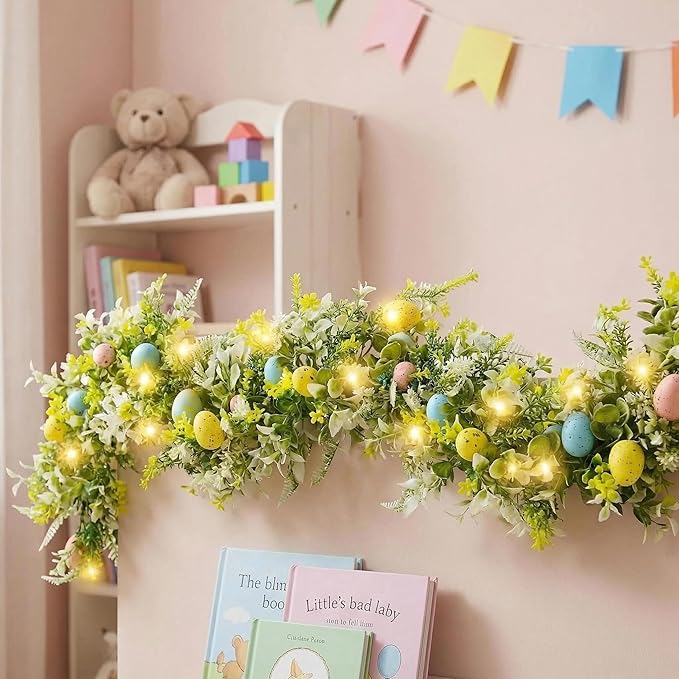 6FT Lighted Easter Egg Garland, Battery Operated Spring Garland with Warm White LED Lights, Easter Decorations for Fireplace Mantel, Door, Indoor & Outdoor Holiday Decor