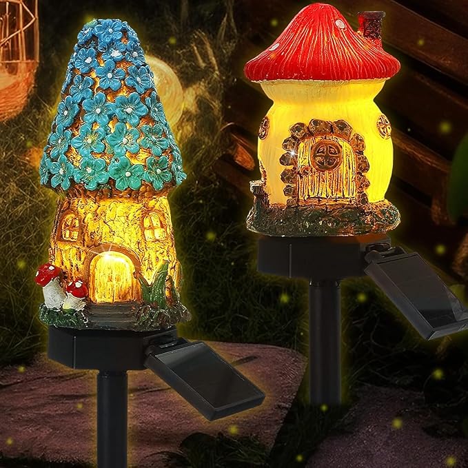 2 Packs of Solar Powered red and Blue Mushroom House Floor Lights, Garden Decoration Resin Cute House Mushroom Lamps, Wireless Dusk to Dawn LED Lights Waterproof.