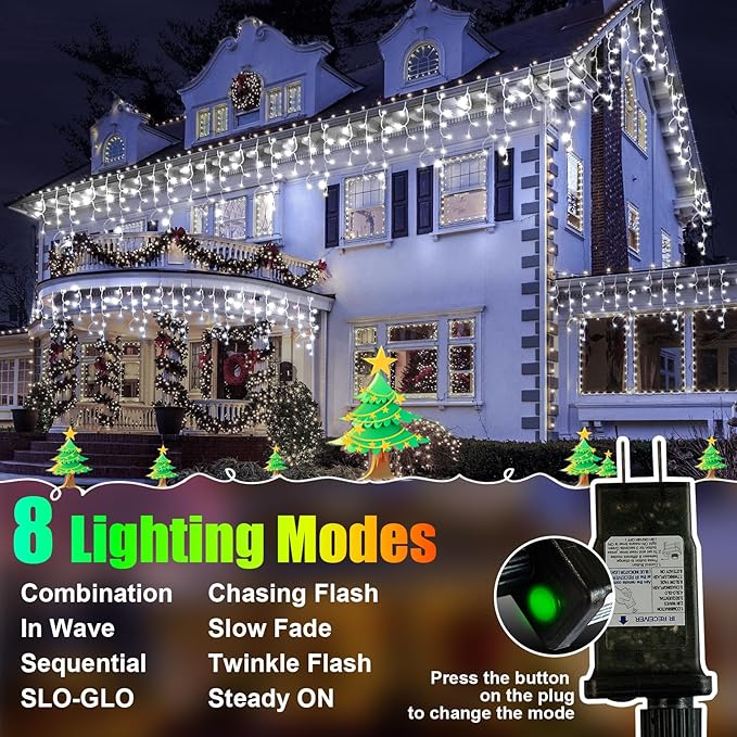 Christmas Lights Outdoor, 49FT 450 LED Ice Lights for Outside, Ice String Lights with 8 Modes, Waterproof Timer Memory Hanging Light for Eaves Party Yard Garden(Cool White)