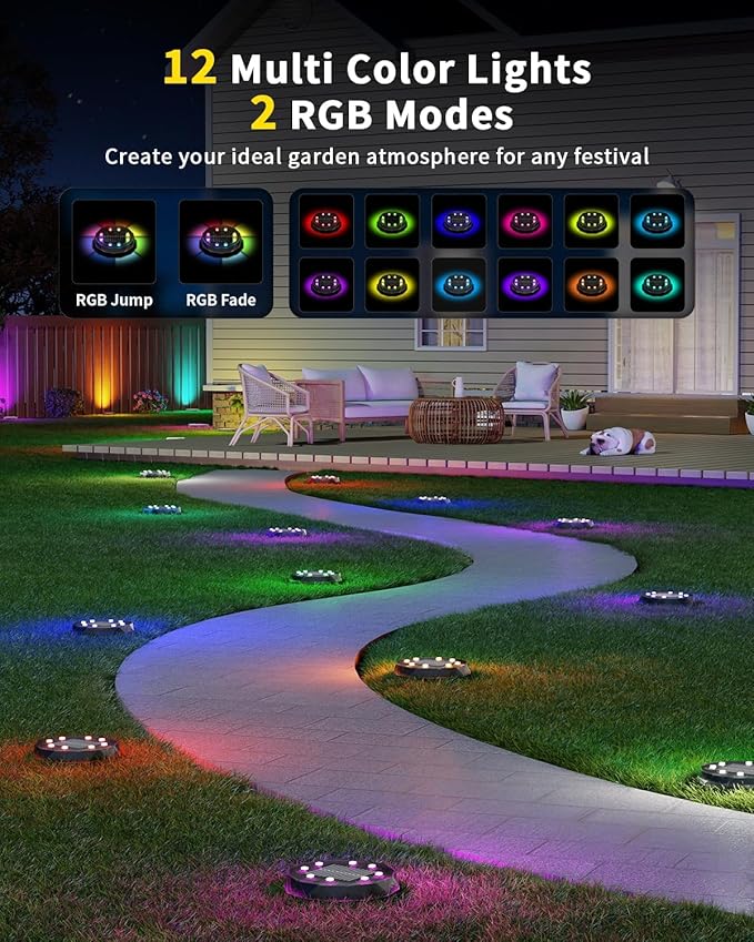 Solar Ground Lights with Remote Control 50ft,IP67 Waterproof Solar Garden 15 Multi Color Lights,RGBYW Solar Powered Outdoor Landscape Lighting for Pathway,Yard,Deck,Lawn,Patio,Walkway,Poolside,16 Pack