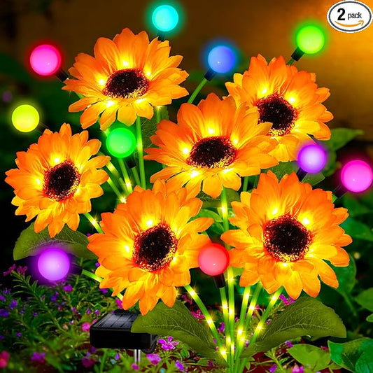Solar Garden Lights-2 Pack Solar Sunflowers with Multicolor Changing Swaying Firefly Lights,Gifts for Mom Women Mothers Day Birthday,Waterproof Firefly Sunflower Light for Outdoor Patio Yard Decor