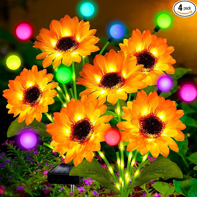 Solar Garden Lights-4 Pack Solar Sunflowers with Multicolor Changing Swaying Firefly Lights,Gifts for Mom Women Mothers Day Birthday,Waterproof Firefly Sunflower Light for Outdoor Patio Yard Decor