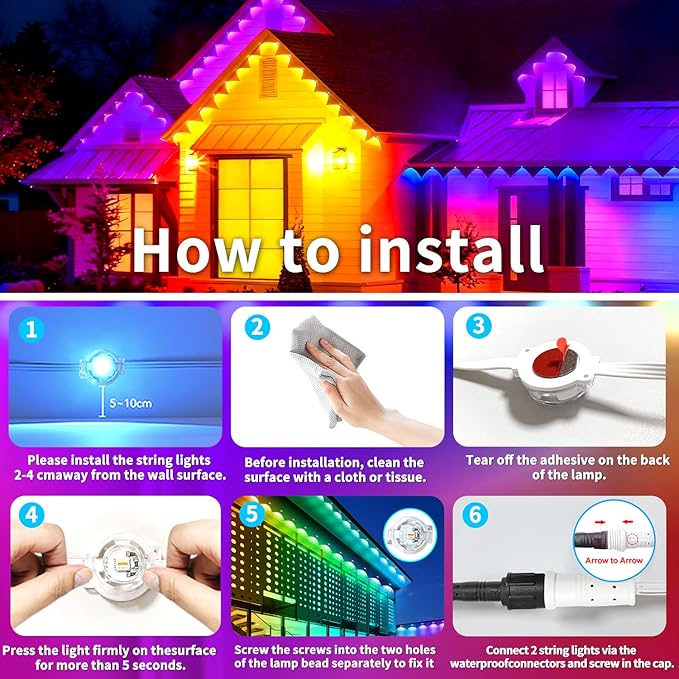 500FT Permanent Outdoor Lights House Outside Permanent Christmas Lights, App/Remote Control IP67 Waterproof Permanent led Lighting for house roof decor ，Christmas, Daily & Holiday Party Decor