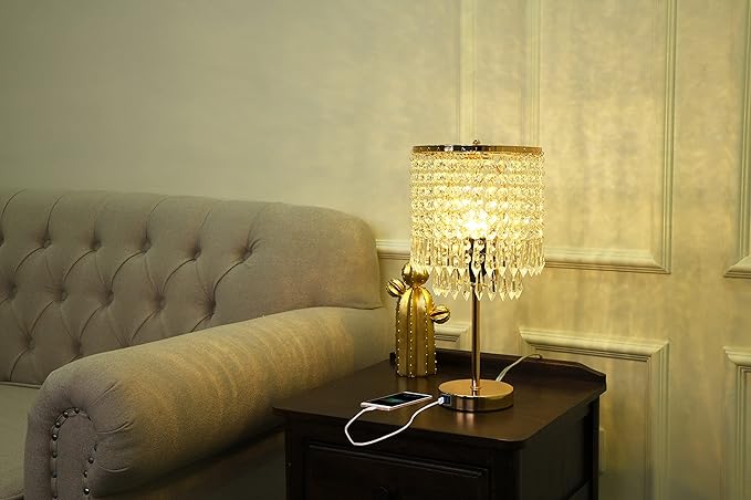 Crystal Table Lamps Set of 2, Gold Lamps for nightstand with 2 USB Charging Ports, 3-Way Touch Dimmable Crystal Desk Lamp, Gold Bedside Lamp with Elegant Shade for Bedroom, Living Room