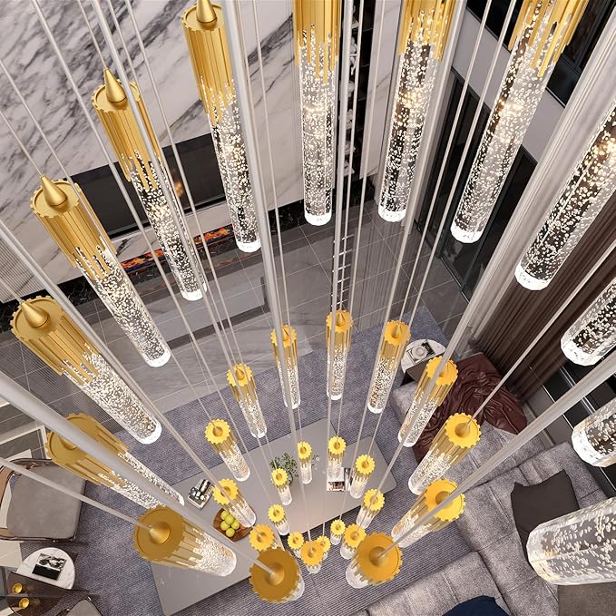 16-Lights Chandeliers for Entryway Modern High Ceiling Pendant Lights Crystal Chandeliers for Living Room Foyer Staircase LED Dimmable Chandelier Lighting Fixture Suit for Sloping Ceiling Chandelier