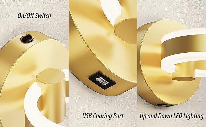 Wall Lamp LED Wall Sconce Rotatable Up-Down Sconces Wall Lighting with Built-in Switch and USB Charging Port 110 Volt AC Hardwired Wall Light (Gold)