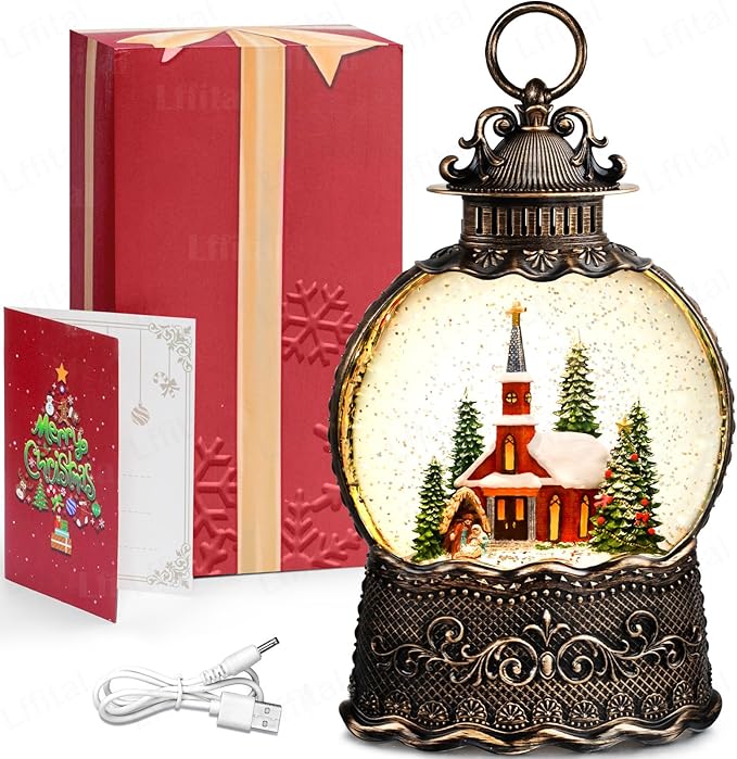 Christmas Snow Globes Church Snow Globe Lantern, Lighted Christmas Decorations Indoor for Home with Music Timer Glitter, Nativity Musical Festival Gifts, USB & Battery Operated 10.6 inch