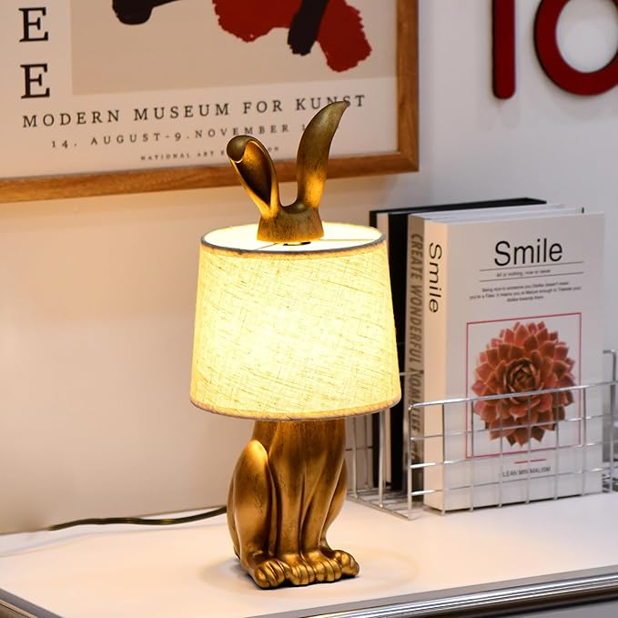 YHT Bunny Table Lamp, Cute Animal Rabbit Lamp,15.7" Vintage LED Desk Light with Linen Lampshade,Gold Main Part Beside Lamp for Bedroom, Study Room, Office, Nursery, Home Decor (Linen)