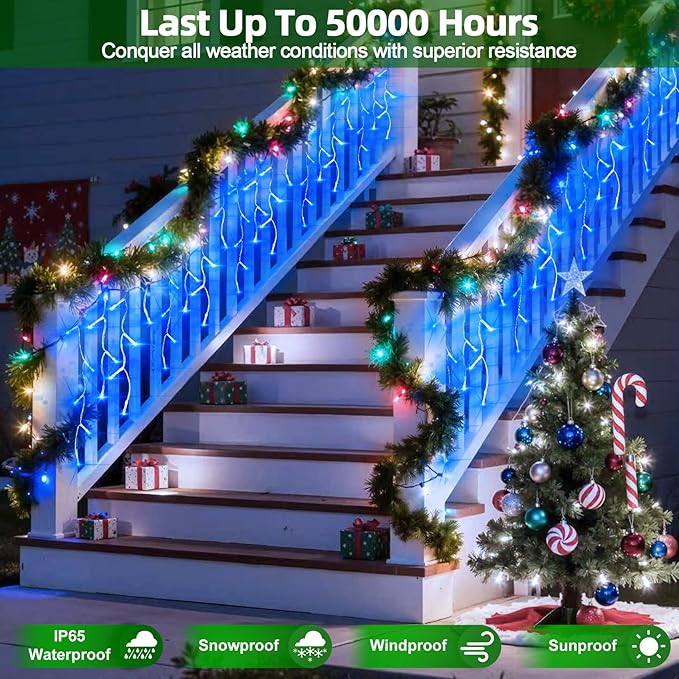 504 LED Christmas Lights with 112 Drops, 50ft 12 Modes Blue Fairy String Lights with Timer Dimmable, Waterproof Twinkle Lights for Indoor Outdoor Holiday Wedding Party Eaves Yard Yard Christmas Decor