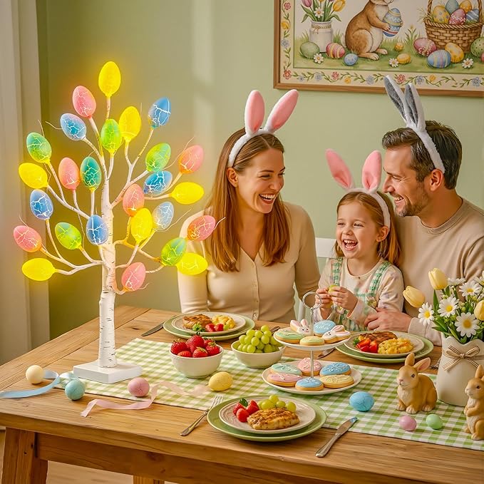 Easter Decorations - 2 FT Artificial Birch Tree with 24 Warm Led Light Colorful Eggs - Easter Tree Decor for Office Home Bedroom Table Mantel, USB or Battery Powered