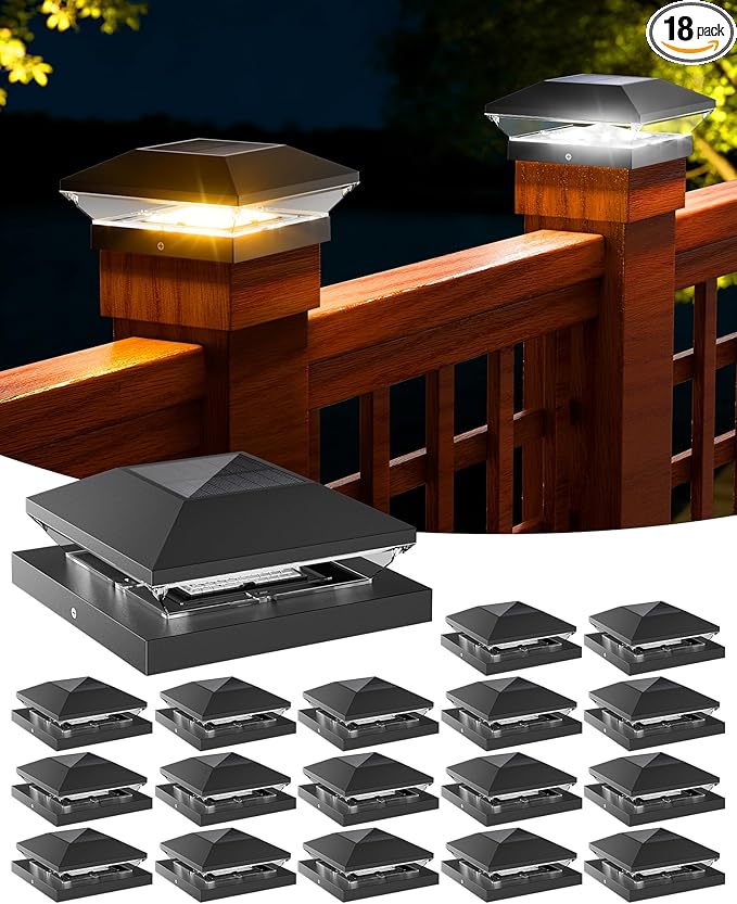 T-SUN Solar Post Cap Lights Outdoor 18 Pack, 2 Modes LED Fence Post Solar Lights Fit for 4x4 5x5 6x6 Vinyl/Wooden Posts, Waterproof Deck Post Lights Solar Powered for Garden Patio Gate Porch
