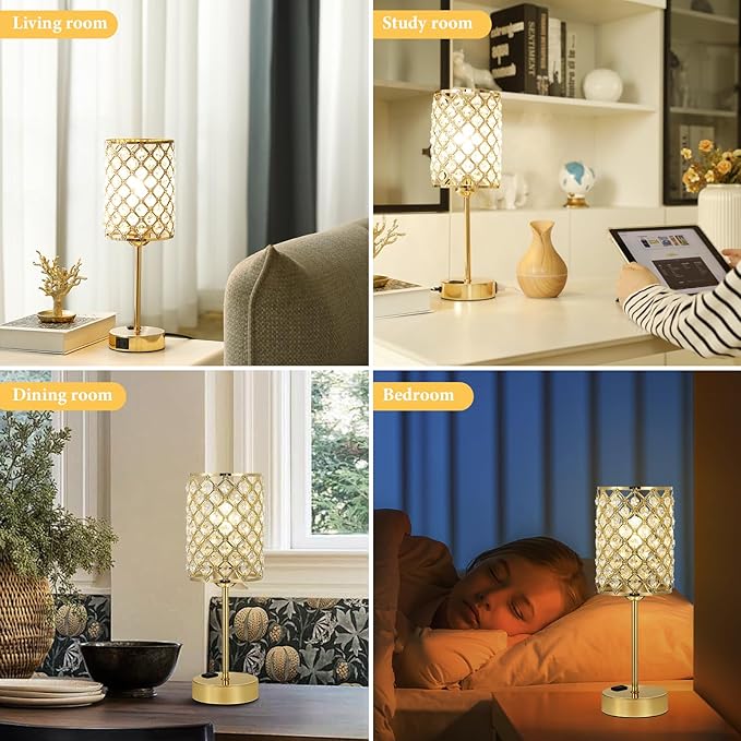 Touch Control Crystal Table Lamp-Dimmable Nightstand Lamp with USB-C+A & AC Charging Ports, 3-Way USB Gold Lamp, Bedside Desk Light for Bedroom Living Room Home Office(Bulb Included & Set of 2)