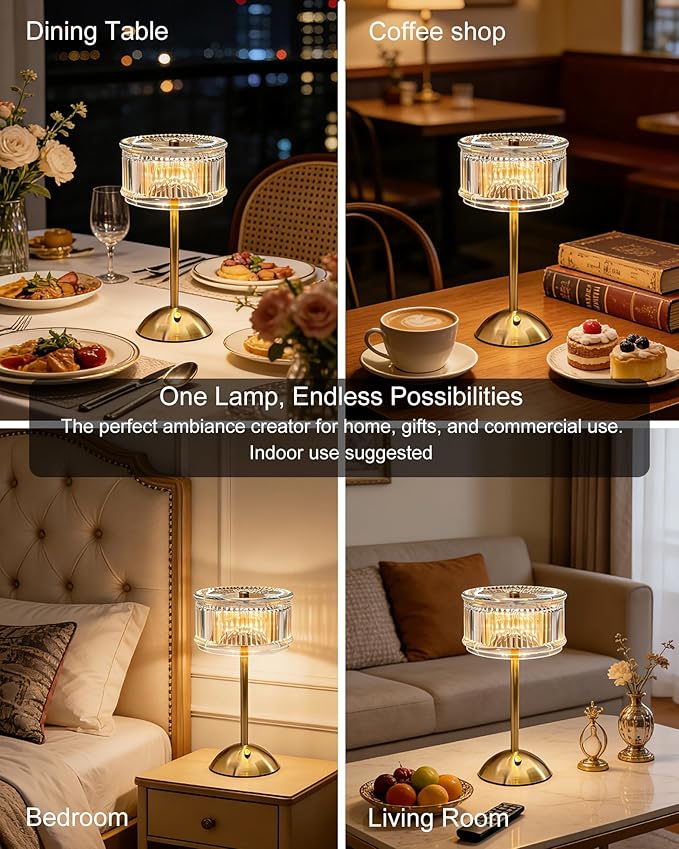 Cordless Table Lamp, Crystal Rechargeable Battery Operated Lamp, 3-Color Stepless Dimmable Touch Lamp, 2000mAh Portable LED Nightstand Lamp for Restaurant, Bedroom, Patio, Antique Bronze