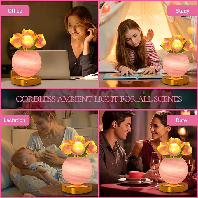 Tulip Table Lamp, Rechargeable Cordless Touch Dimming Artificial Tulip Flower Desk Lamp, LED Flower Bedside Night Light Romantic Gifts for Girl Women Mom (Pink Tulip)