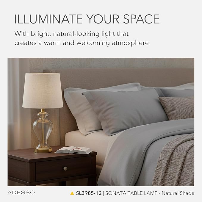 Adesso Table Lamp with Glass Base, Brass Accents, and Tan Textured Lampshade – Bedside Table, Home Office Lighting, or Living Room Decor, 26” x 12”