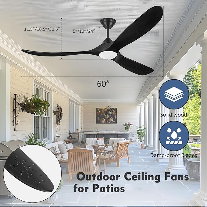 60 Inch Black Outdoor Ceiling Fans for Patios with Light, 3 Blade Modern Wood Ceiling Fans with Remote Quiet DC Motor, Large Airflow Indoor Outside Ceiling Fan for Bedroom Office Gazebo Garage Porch