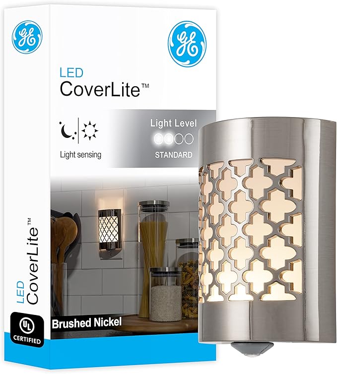 GE CoverLite LED Night Light, Decorative, Plug-in, Smart Dusk-to-Dawn Sensor, Home Décor, Ideal for Bedroom, Bathroom, Kitchen, Hallway, 1 Pack, 29847, Brushed Nickel | Moroccan
