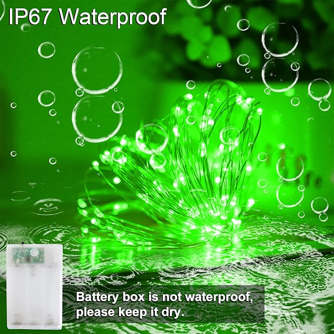 YAOZHOU St Patrick’s Day Decorations Green Fairy String Lights,Christmas Indoor Battery Operated with Timer, 2 Pack Total 33FT 100 Led Mini Battery Powered Mason Jar Firefly Lights DIY Party