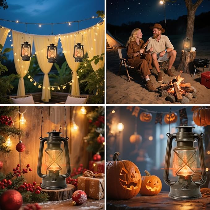 Vintage Lantern LED Outdoor Battery Powered Lanterns with Dancing Flame Wick Waterproof Camping Lamp Non-Solar Hanging Lantern Lights Landscape Decor for Indoor/Outdoor Use- Bronze Color