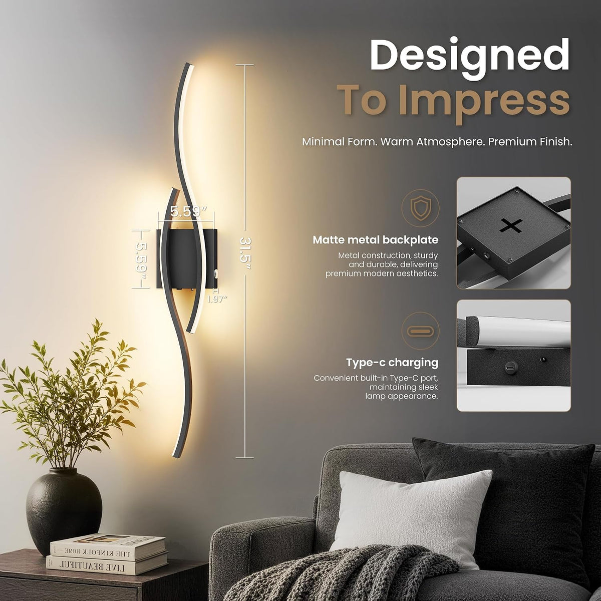 31.5-Inch Cordless LED Wall Sconces with Remote & Touch Control, Black, Set of 2