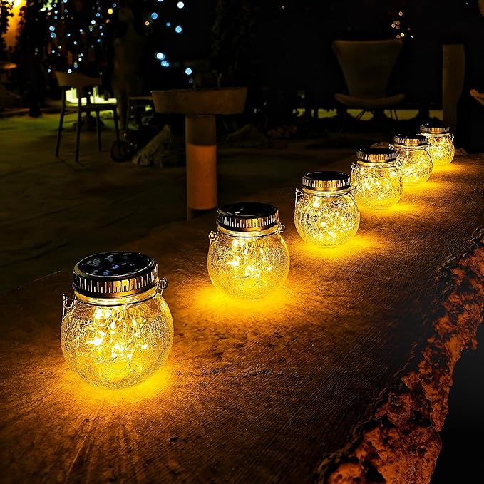 Cooo 2 Pack Crackle Glass Solar Lantern with 30 LED Firefly Lights– Waterproof Outdoor Hanging Lamp 215% Larger Solar Panel, Anti-Rust Lids Decorative Lighting for Garden Patio Christmas Decorations