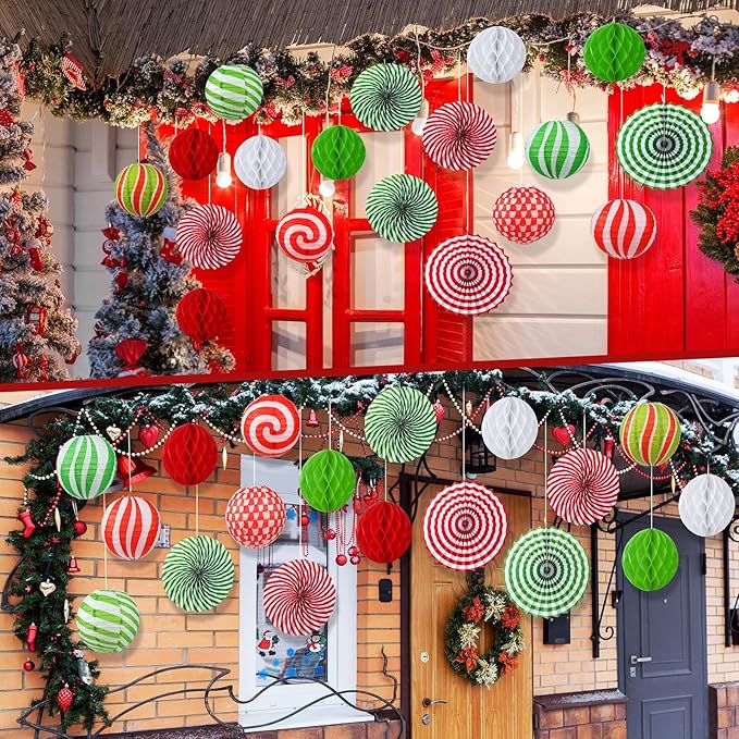 Retisee 18 Pcs Christmas Hanging Paper Lanterns Party Decorations Candy Canes Peppermint Paper Fans Xmas Hanging Honeycomb Ball Lanterns Ornaments for Christmas Winter Party Holiday Ceilings Decor