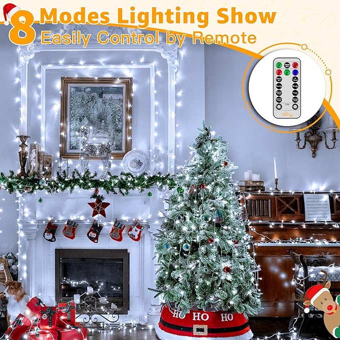 Ollny Christmas Lights Outdoor 800LED 262FT, Cool White Plug in Fairy Light with Remote, 8 Modes Waterproof Timers Dimmable LED String Lights for Indoor House Outside Bedroom Patio Balcony