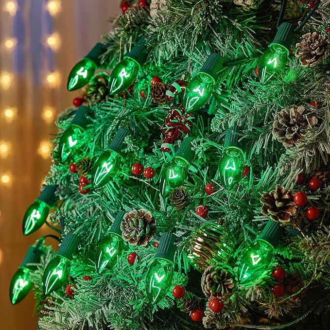 25 Pack C9 Incandescent Bulb Green, C9 Christmas Replacement Light Bulb for Christmas String Light, E17 Intermediate Base, 7 Watt, Green