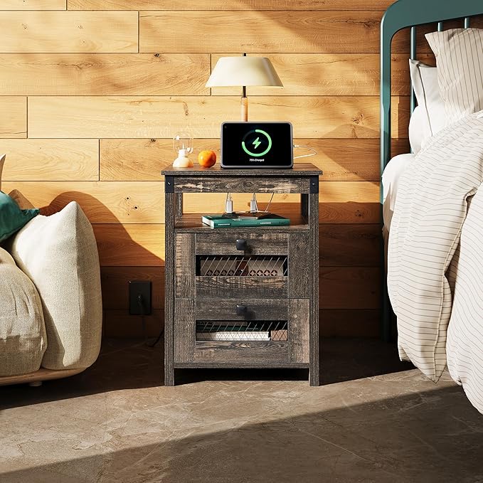 WLIVE Night Stand with Charger Station, End Tables Bedroom, Living Room, Bed Side Table with 2 Wooden Storage Drawers, Farmhouse Nightstand with USB Ports and Outlets, Dark Rustic Oak