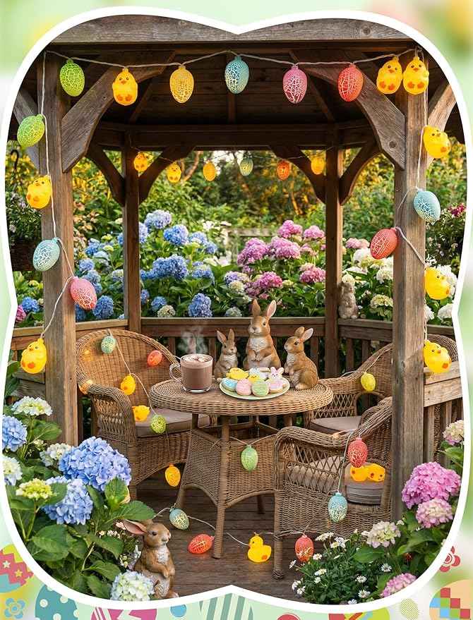 8.5Ft Easter String Lights, 10 LED Multicolored Cracked Eggs and Chicken Fairy Lights, Plug in Waterproof IP44 Spring Garland, UL Listed Outdoor Lights for Easter Home Garden Party Patio Decor
