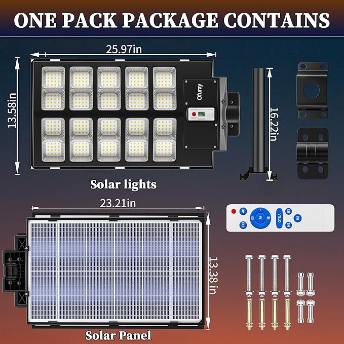 Ofuray Of-5200W Solar Street Lights Outdoor, 520000LM Solar Security Flood Lights Parking Lot Lights Commercial Dusk to Dawn, IP67 6500k LED Street Light with Remote Control for Street,Court,Barn