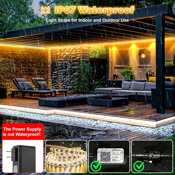65.6FT Outdoor LED Strip Lights Waterproof IP67, Dimmable 3000K-6500K Warm White LED Rope Lights Outdoor Waterproof with Remote & APP, 24v Adhesive Exterior Lighting for Patio, Deck, Gazebo