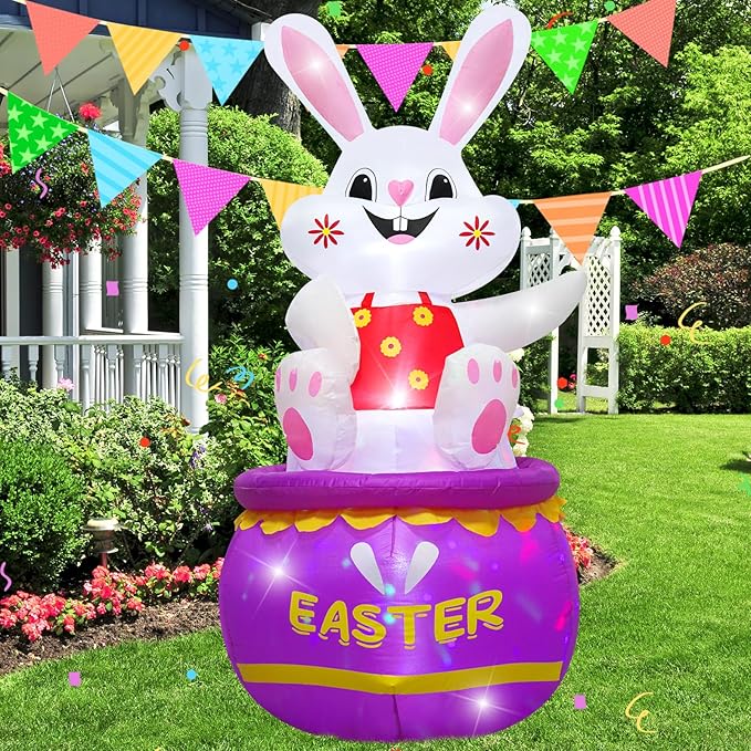 5FT Easter Bunny Inflatable Outdoor Decorations Build-in LED Lights,Cute Easter Rabbit Egg Blow Up Indoor Outdoor Decor, Spring Summer Outdoor Decor,Holiday Addition for Party,Yard,Garden, Lawn