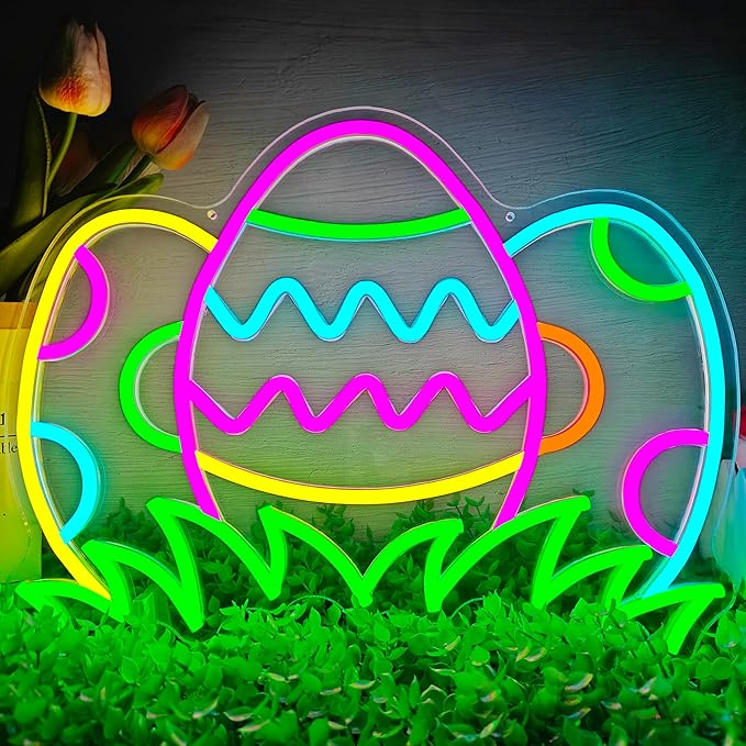 Easter Eggs Neon Sign Dimmable Easter Window Lights Three Colorful Eggs On Grass Neon Lights Egg Hunt Led Sign Happy Holiday Window Lights Decorations