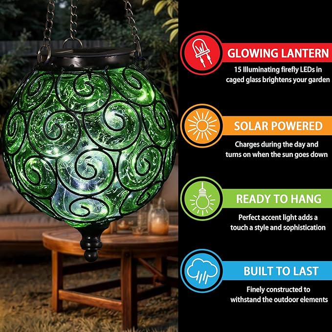 Solar Hanging Lantern Outdoor Garden Lights, Round Glass and Metal Hanging Lantern, 15 Firefly LED Lights, 7 x 20 Inch (Green)