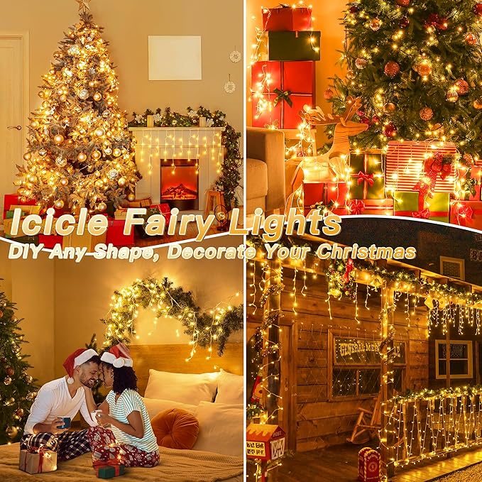 Icicle Lights for Outside, 216LED 24FT Waterproof Christmas Light Outdoor with 8 Modes & Timer, Connectable Christmas Icicle Lights for Eaves House Yard Indoor Outdoor Holiday Decoration(Warm White)