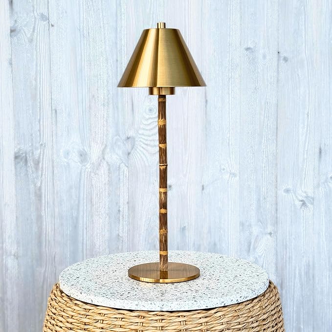Bamboo Cordless LED Table Lamp – Rechargeable 24-Hour Battery, Dimmable Warm Light, 15" Portable Wireless Lamp with Remote for Indoor/Outdoor Use, Home, Patio, Restaurant – Polished Gold