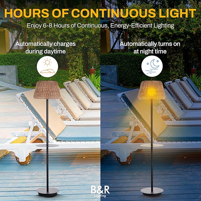 B&R Lighting Solar Outdoor Floor Lamp with Table - Cordless Outdoor Floor Lamp - Patio, Porch, Garden - Rattan Wicker Lights for Outside - Waterproof, Rechargeable, Weatherproof